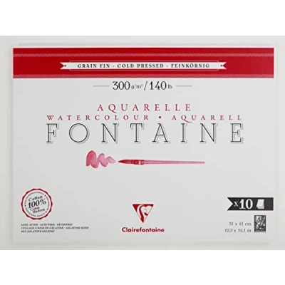 Image of Clairefontaine 975513C Pad Glued 1 Side Fountain 10 Sheets White Watercolor Paper 100% Cotton Fine Grain Professional Quality 31x41 cm 300g
