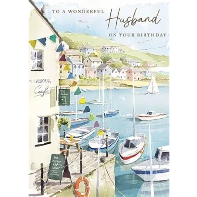 Image of Wonderful Husband Birthday Card Boats and Cafe at the Harbour with Foil Finish Eco Friendly Recyclable by Paper House