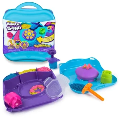 Image of Kinetic Sand, SquishMotion Playset with 453g Pink, Yellow, Blue Play Stamper &amp; 5 Tools, Reusable Storage Case, Sensory Toys for Kids Aged 5+