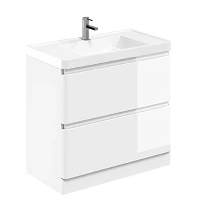 Image of Newbold White Bathroom Sink Unit Vanity &amp; Resin Basin Floor Standing Storage Cabinet Soft Close Drawers 900mm