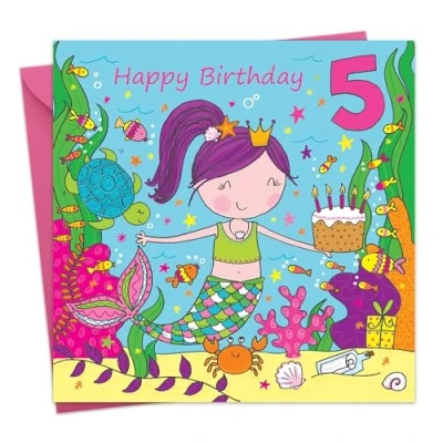 Image of Twizler 5th Birthday Card For Girl with Cute Mermaid &amp; Glitter Fifth Year Old Age 5 Childrens Girls Happy