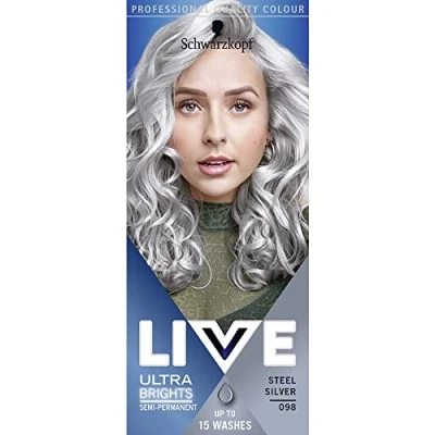 Image of Schwarzkopf LIVE Ultra Brights Steel Silver Semi Permanent Hair Dye 098, for Bright or Pastel Colour, Vibrant Colour Lasts up to 15 Washes