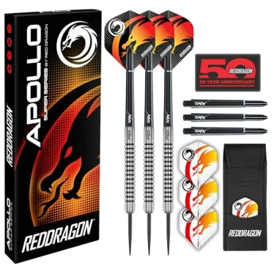 Image of RED DRAGON Apollo 23g Steeltip Darts Set with Dart Flights and Shafts (Stems) Including Wallet