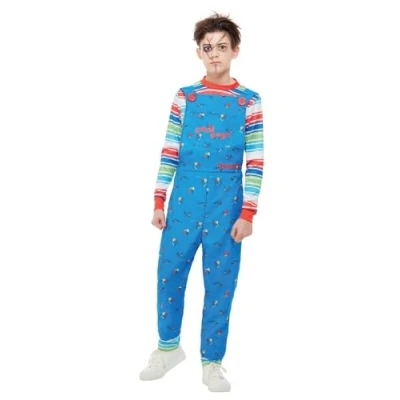 Image of Smiffys Chucky Costume in Blue for Kids, Dress and Top, Officially Licensed, Dungaree Striped Top with Colour Block Cuffs, Ideal Halloween Matching Costumes