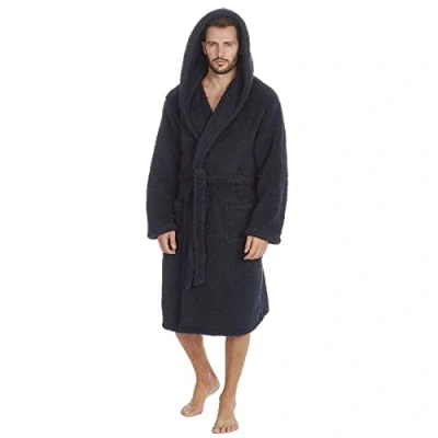 Image of Mens Borg Fleece Hooded Dressing Gown Robe Navy Size XL