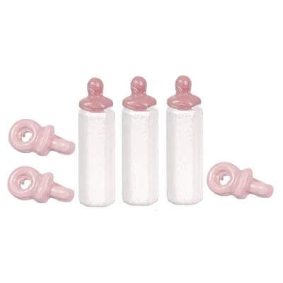 Image of Melody Jane Dolls House Set Baby&#039;s Bottles &amp; Dummies in Pink Miniature Nursery Accessory