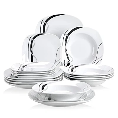 Image of VEWEET &#039;Zoey&#039; 18 Piece Dinner Set Ivory White Tableware Black Decals Porcelain Plates of 9.75&quot; Plate, 7.5&quot; Dessert 8.5&quot; Soup Plate for 6