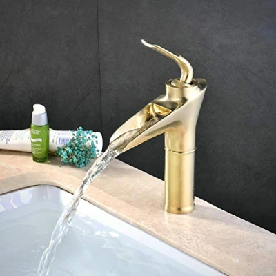 Image of Brushed Gold Brass Basin Taps, Waterfall Bathroom Sink Mixer Tap, Single Lever Hole Tap Faucet SHUNLI