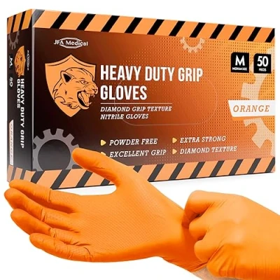 Image of JFA Medical Disposable Heavy Duty Mechanic Powder Free Latex Orange Diamond Grip Nitrile Gloves Box of 50 (Medium)