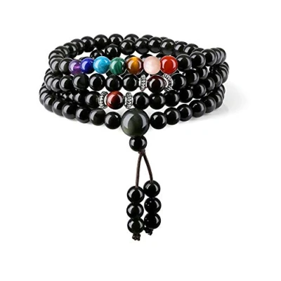 Image of COAI Obsidian 7 Chakra 108 Beads Stone Beaded Mala Bracelet Necklace