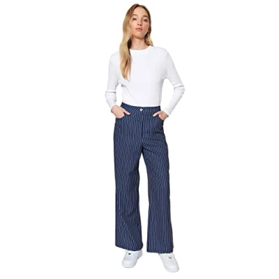 Image of Trendyol Women&#039;s High Waist Wide Leg Fitted Modest Pants, Navy Blue, 16