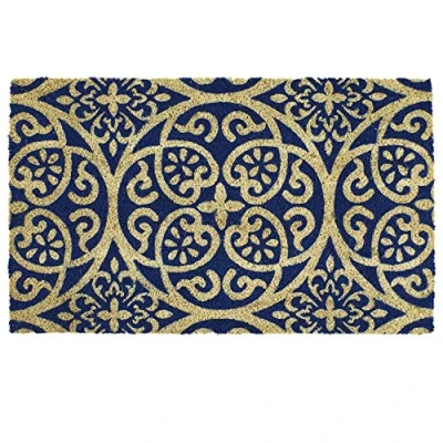 Image of Prime Homewares Blue Damask Coir Doormat Heavy Duty, Non Slip Backing 100% PVC Back Entrance Mat Design (45 x 75cm)