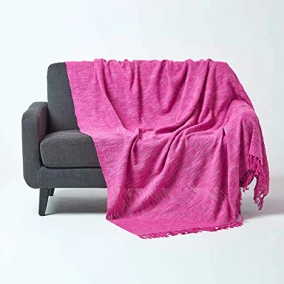 Image of HOMESCAPES Nirvana Cerise Pink Handwoven 100% Pure Cotton Throw 100 x 140 Inches, Bedspread Blanket with Handknotted Tassles in Very Durable and Heavy Quality, Easy Care Washable at Home