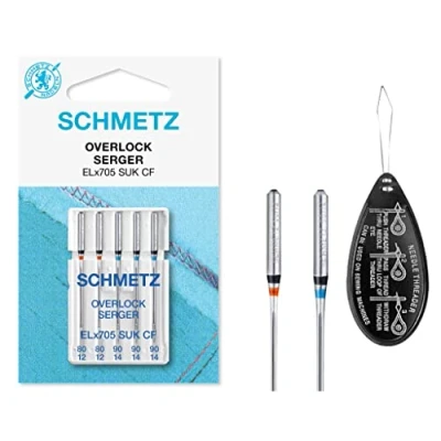Image of Overlock / Serger ELx705 SUK CF Ballpoint (Medium Ball Point, Chrome Finish) Coverstitch Sewing Machine Needles, Assorted Mixed Sizes 80/12 and 90/14, Includes Large Needle Threader