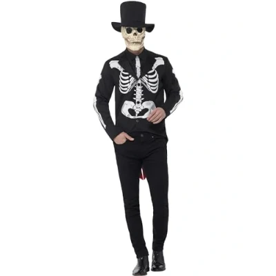 Image of Smiffys Day of The Dead Señor Skeleton Costume, Black with Jacket, Mock Shirt, Tie, Hat &amp; Latex Mask, Mexican Dead/Sugar Fancy Dress, Halloween Dress Up Costumes