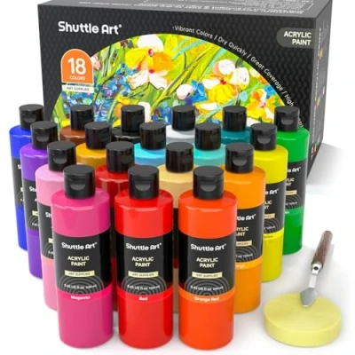 Image of Shuttle Art Acrylic Paint, 18 Colours Paint Bottle Set (250ml/8.45oz), Rich Pigmented Paints, Bulk Painting Supplies for Artists, Beginners and Kids on Rocks Crafts Canvas Wood Ceramic