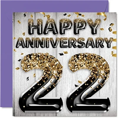 Image of Awesome 22nd Anniversary Card for Husband Boyfriend Wife Girlfriend Black Gold Glitter Balloons Happy 22 Cards from Family, 145mm x Greeting Twenty Second Anniversaries