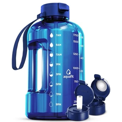 Image of AQUAFIT 2 Litre Water Bottle with Straw 2L Time Marker Half Gallon Big Large For Gym Dark Blue