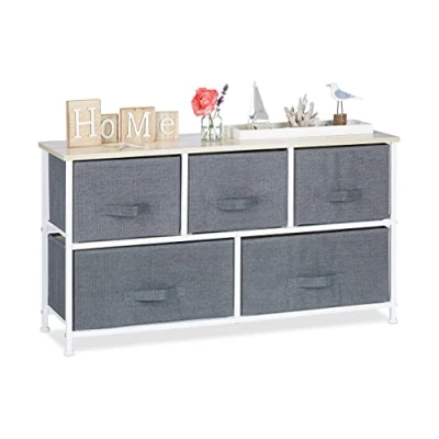 Image of Relaxdays Shelving System, Chest of Drawers, Standing Shelf with Boxes, HxWxD: 54.5 x 100 30 cm, Metal and Wood, Grey
