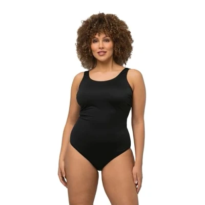 Image of Ulla Popken Women&#039;s Badeanzug, extraweiches Futter, seitliche Raffung One Piece Swimsuit, Schwarz, 16 18