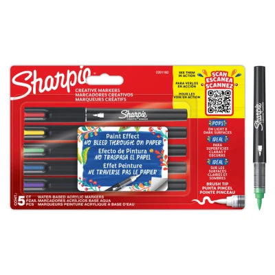 Image of Sharpie Creative Marker Acrylic Paint Pens Brush Tip, Water Based Markers No Bleed Ink Writes on Most Surfaces Assorted Colours 5 Count
