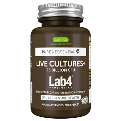 Image of Live Cultures+ Probiotic Complex with Prebiotics for Gut Health, Lactobacillus Acidophilus &amp; Bifidobacterium, 25 Billion CFU,Vegan, Bloating Relief, Vegan, 30 Capsules, by Igennus