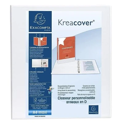 Image of Exacompta ref. 51843E 1 customizable rigid opaque binder with 3 pockets 4 D rings of 40 mm Spine 64 External dimensions: 32 x 28.5 cm Format to be filed A4 Maxi Colour: white