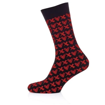 Image of AKH® Valentine&#039;s Day Heart &amp; Kisses Socks Novelty Print Cotton for Him Her (UK, Numeric, 9, 11, Regular, Standard, Red Black)