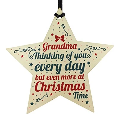 Image of RED OCEAN In Memory Hanging Wooden Star Christmas Tree Decoration Grandma Memorial Bauble Remembrance Keepsake