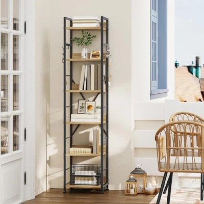Image of YITAHOME Bookcase 6 Tiers, Floor Standing Book Shelf with 4 Hooks, Wooden and Metal Frame Rack Industrial Tall unit Storage for Living Room, Home Office, Oak Color Bookshelf