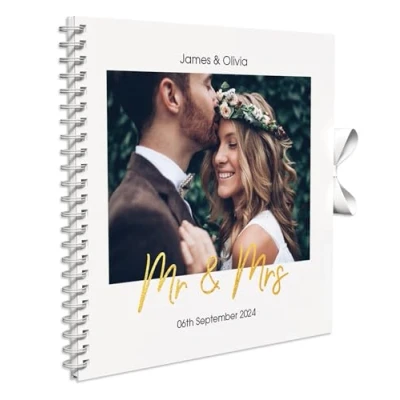 Image of Personalised Photo Wedding Guest Book Keepsakes,Signature Scrapbook, Album Couple 20cm x 20 cm 50 Sheets (Mr and Mrs, White)
