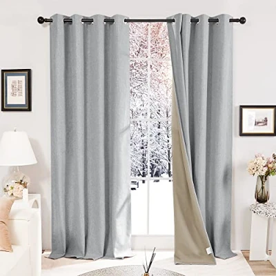 Image of Deconovo 100% Blackout Curtains Faux Linen Eyelet Thermal Insulated for Living Room Grey W52 x L63 Inch 1 Pair