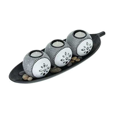 Image of Relaxdays Tealight Holder Set with Tray &amp; Pebbles, 40.5 cm, Table Centrepiece, Lounge Dining Room, Candles, Grey/Black, 90% fibreboard 10% stone