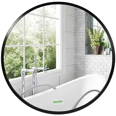 Image of kleankin Large Modern Round Mirror, Wall mounted Bathroom Vintage Art Makeup Mirror for Entryways, Black, 40x40 cm