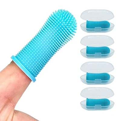 Image of 4 Pieces Soft Silicone Pet Finger Toothbrush, Dogs Cats cat Teeth Cleaner Dog Toothbrush Set, Puppy (Blue)