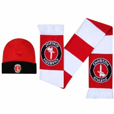 Image of GIFTS 4 ALL Charlton Athletic Bar Scarf &amp; Hat Gift Set, Match Day Scarf, Football Crest Woolly Hat, Fans Souvenir Set