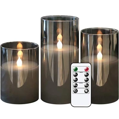 Image of GenSwin Gray Glass Battery Operated Flameless Led Candles with 10 Key Remote and Timer, Real Wax Warm White Flickering Light for Home Decoration(Set of 3)