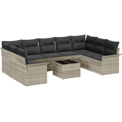 Image of vidaXL 10 Piece Garden Sofa Set with Cushions Grey Poly Rattan