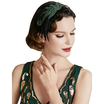 Image of BABEYOND Vintage 1920s Headband Headpiece Feather Beaded Crystal Flapper Great Gatsby Costume Accessories Roaring 20&#039;s Accessories(Green)