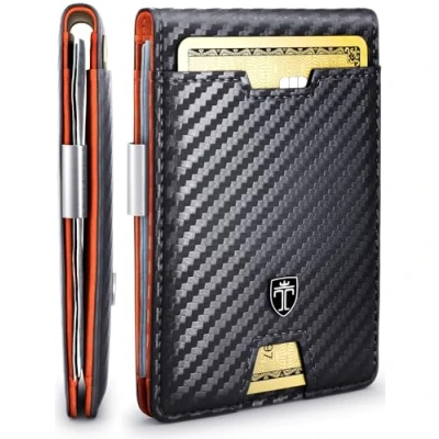 Image of TRAVANDO Mens Slim Wallet with Money Clip Austin RFID Blocking Bifold Credit Card Holder for Men Gift Box, Carbon &amp; Orange,