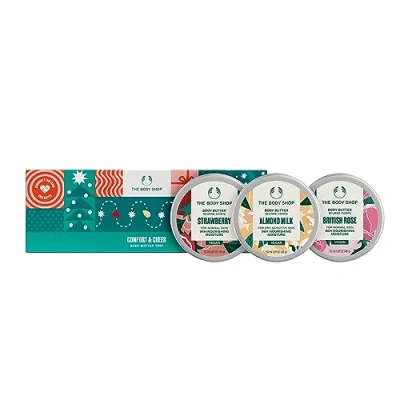 Image of THE BODY SHOP Brand Gift Boxes Ideal for Unisex Adult Trio, 3 x 50 ml, Amond Milk, Strawberry, British Rose Scents Set