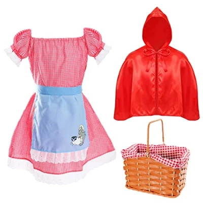 Image of Kids Red Cape Girl Costume Large Gingham Dress, Hooded and Basket Girls World Book Day Week Fancy Dress