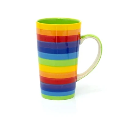 Image of Hand Painted Rainbow Stripe Ceramic Tall Latte Coffee Mug Large Multi Coloured Tea Cup Stripped Hot Drinks