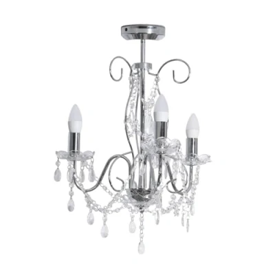 Image of Silver Chrome 3 Way Ceiling Light Chandelier Fitting with Clear Acrylic Jewel Droplets for Living Room