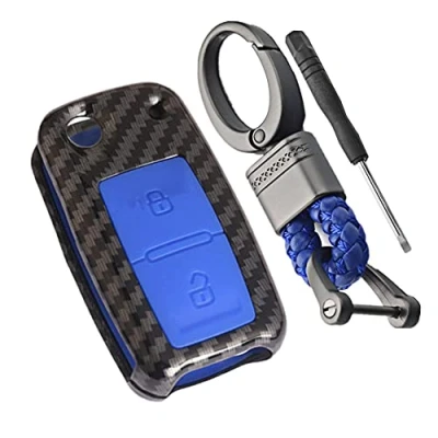Image of Happyit ABS Carbon Fiber Shell + Silicone Car Key Cover Case fit for VW Volkswagen Amarok Polo Golf 4 5 6 MK4 Bora Jetta 2 Buttons (Blue)