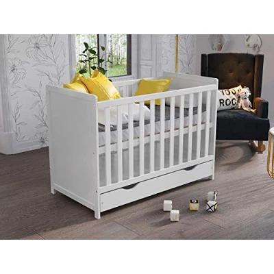 Image of Love For Sleep MATILDA Wooden Baby Cot Bed 120x60cm with Covered Drawer and Safety Barrier (White)