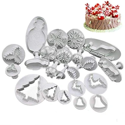 Image of VONUOBEY 22 Pieces Christmas Fondant Cutters Snowflake Snowman Tree Leaves Shapes Sugarcraft Plunger Cookie Cake Decorating Mold DIY Tools