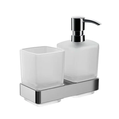 Image of Emco loft 53100100 Soap Dispenser Holder (Chrome Pump Head, Satin Crystal Container, Height 159 mm, Width 155 mm) Glass Normal, Wandmontage