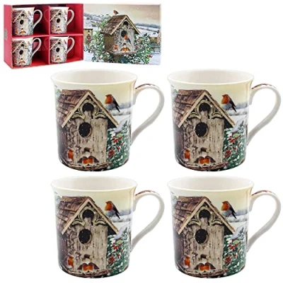 Image of lesser and pavey Christmas Robins Set of 4 Boxed Fine China Mugs