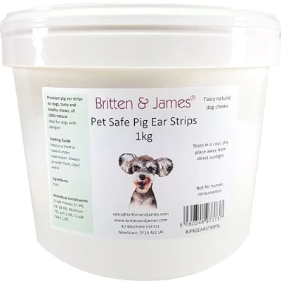 Image of Britten &amp; James Pig Ear Strips for Dogs (1kg tub). A 100% Natural Healthy Dog Chew Treat